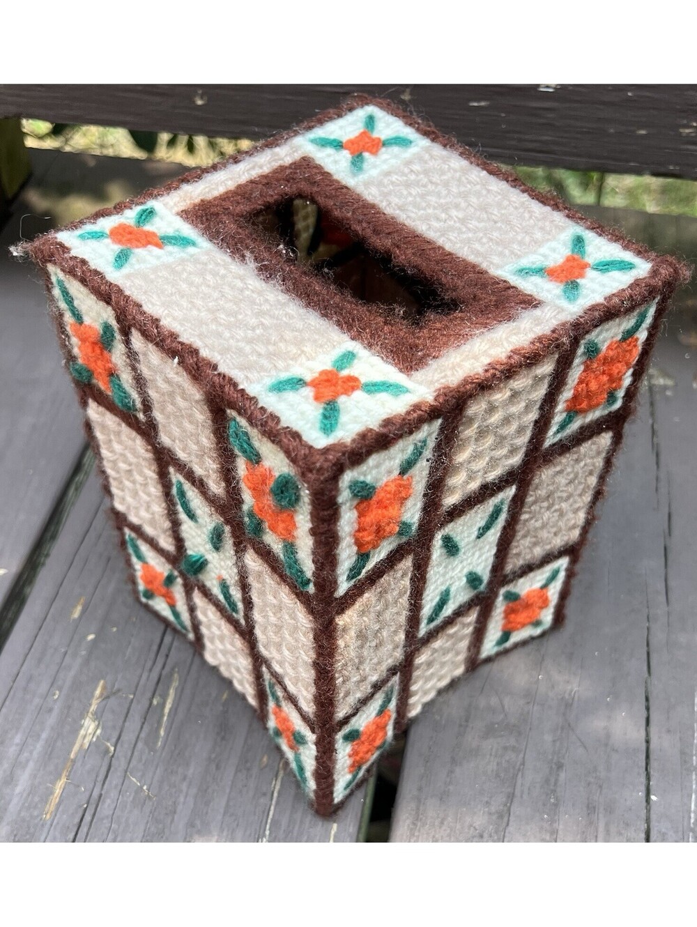 Handmade Crisstitch Tissue Box Cover Orange Brown Floral Vintage Cottagecore